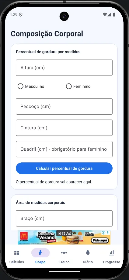 Tela de medidas corporais do app Calculadora IMC