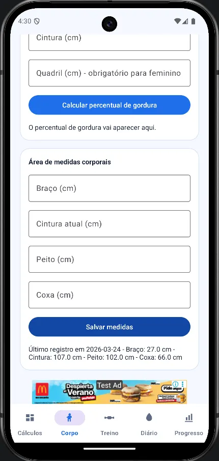 Outra tela de acompanhamento corporal do app Calculadora IMC