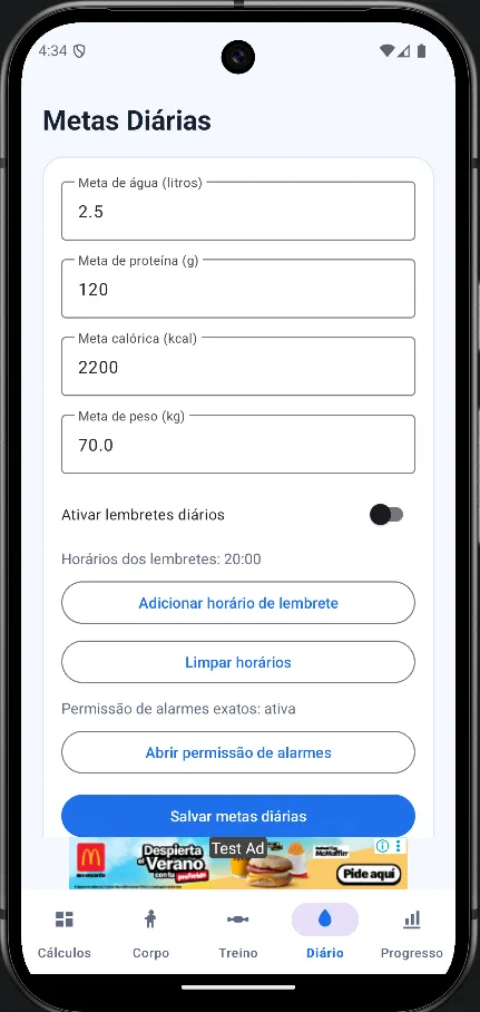 Print da tela de diário do app Calculadora IMC