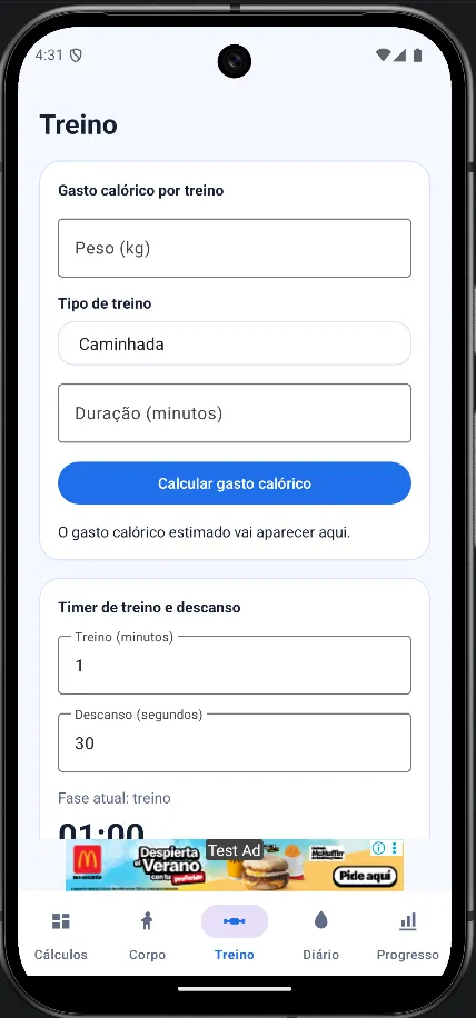 Print da tela de treino do app Calculadora IMC